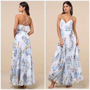 NEW Lulu's White Maxi Dress with Blue Floral Print